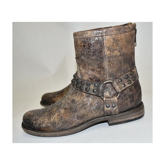 $350 FRYE Phillip Studded Harness Bootie MOTO BIKER DISTRESSED brown 6.5 (K3) - Picture 4 of 8